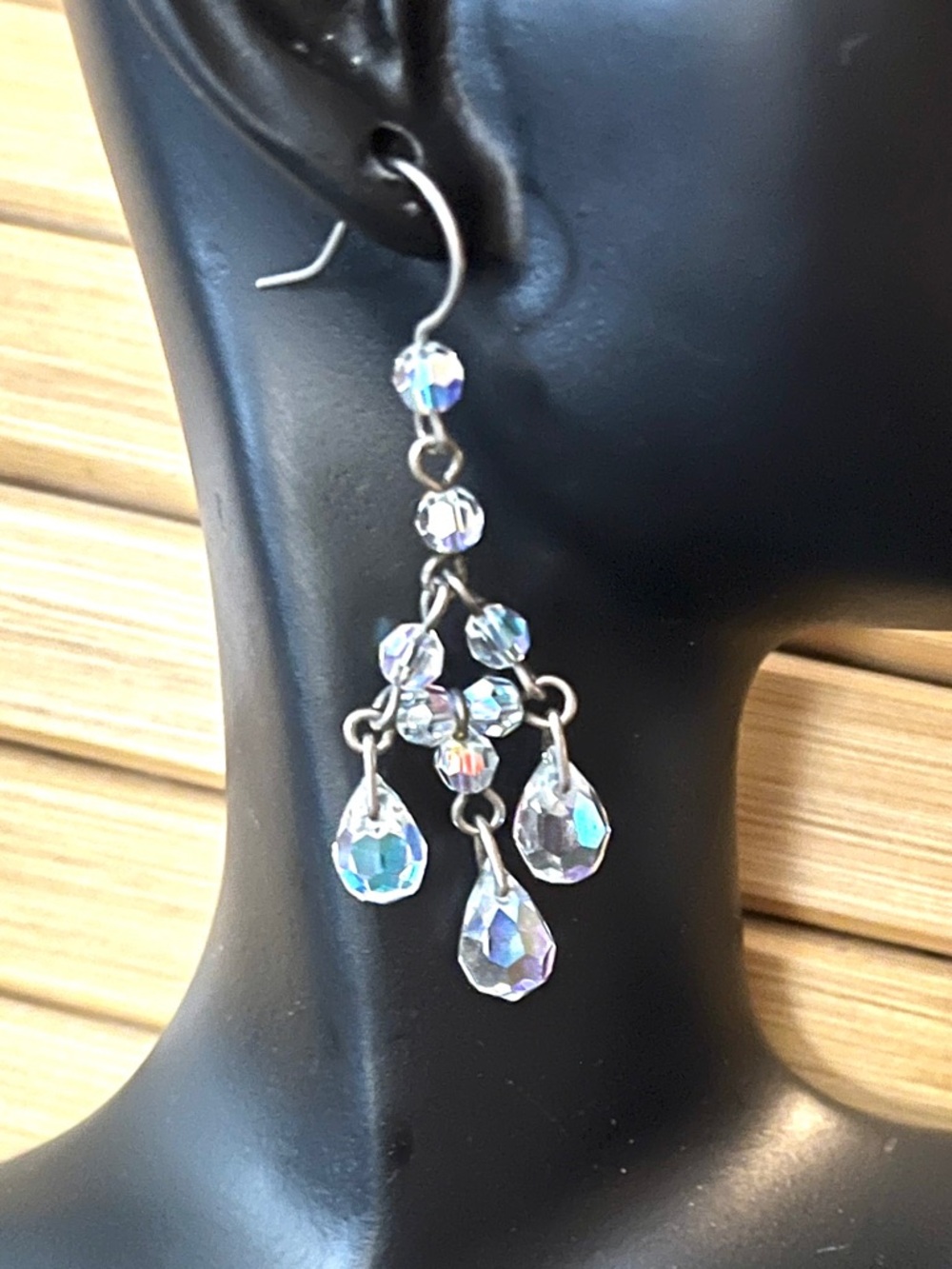 Aurora Borealis Crystals Sterling Silver Pierced Earrings Facets Briolette Round